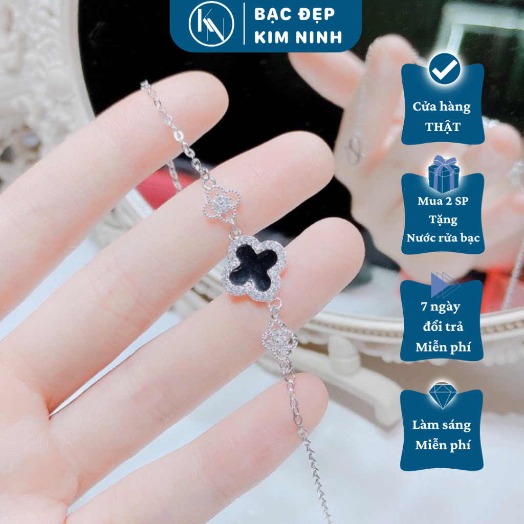 Lắc Tay Cỏ 4 Lá Hình Màu Đen Bạc Ta, Lắc Tay Bạc Cho Nữ Kèm Hộp Đựng Cao Cấp BẠC ĐẸP KIM NINH