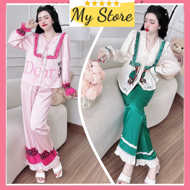 Đồ bộ mặc nhà Pijama tiểu thư tay dài quần dài lụa latin siêu mềm mịn mát freesize dưới 60kg MY STORE S22