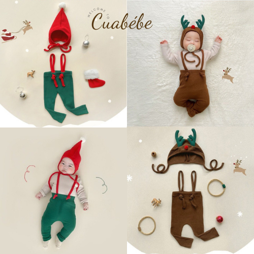 Quần yếm len Hàn Quốc Noel Họa Tiết Chú Tuần Lộc Kèm Mũ 2 màu đỏ nâu Cho Bé từ 3 tháng tuổi