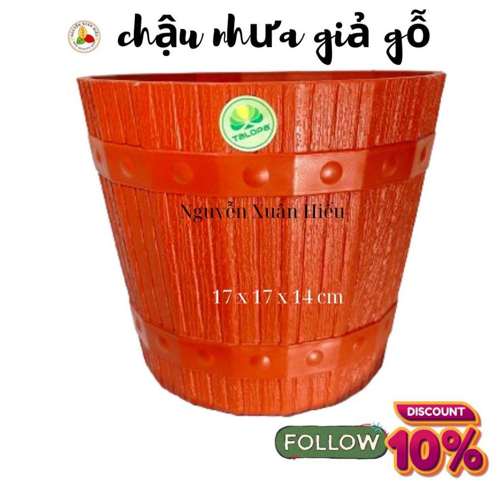 Chậu nhựa tròn kiểu dáng giả thùng gỗ, chậu để bàn kích thước (17x17x14cm) màu đỏ
