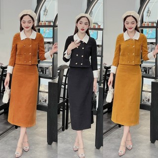 Set nhung tăm 2 hàng cúc chân váy dài