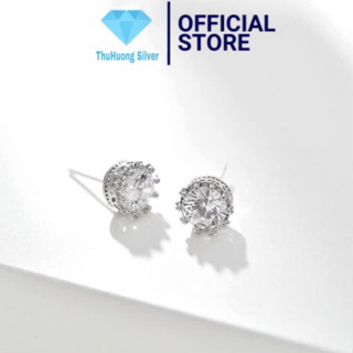  Bông tai nữ THJ- Bông nụ đá tròn vương miện đính đá chuẩn bạc ta nam nữ - THU HUONG SILVER 