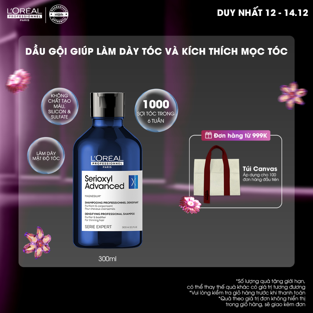 Dầu gội dưỡng tóc giúp làm dày tóc L'Oréal Professionnel Serioxyl Advanced 300ml - Dành cho tóc thưa, mảnh, rụng