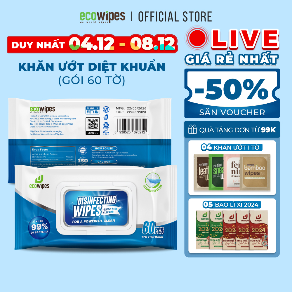 Khăn giấy ướt diệt khuẩn Disinfecting Wipes gói 60 tờ diệt 99,9% vi khuẩn hương chanh dịu nhẹ