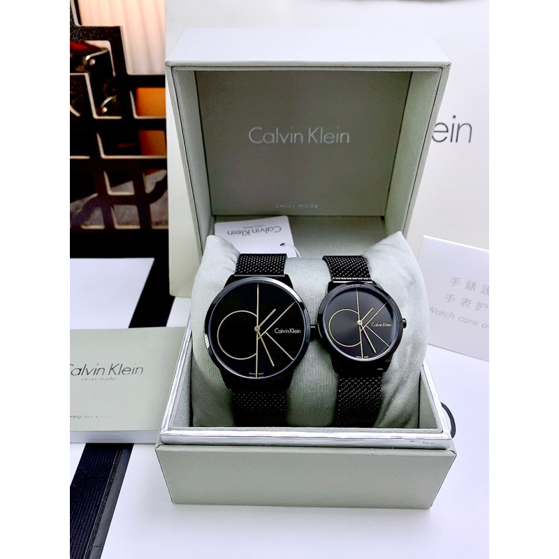 Đồng hồ cặp nam nữ CALVIN KLEIN MINIMAL K3M21123 , K3M22123 mặt đen tròn dây mesh siz 34mm, 41mm