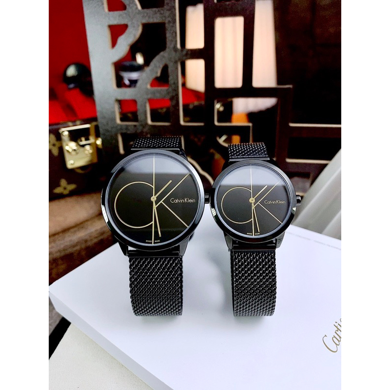 Đồng hồ cặp nam nữ CALVIN KLEIN MINIMAL K3M21123 , K3M22123 mặt đen tròn dây mesh siz 34mm, 41mm