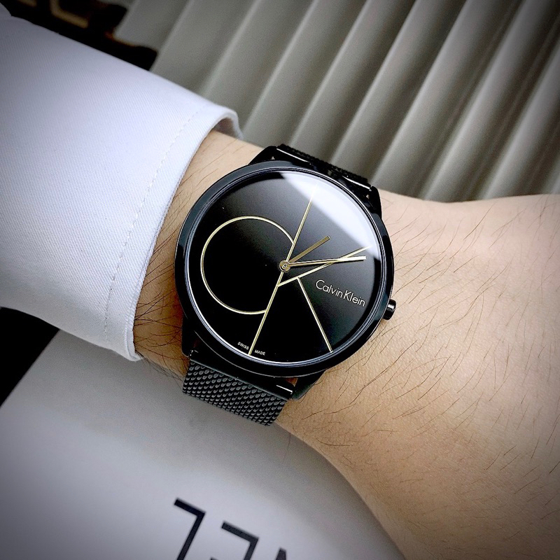 Đồng hồ cặp nam nữ CALVIN KLEIN MINIMAL K3M21123 , K3M22123 mặt đen tròn dây mesh siz 34mm, 41mm