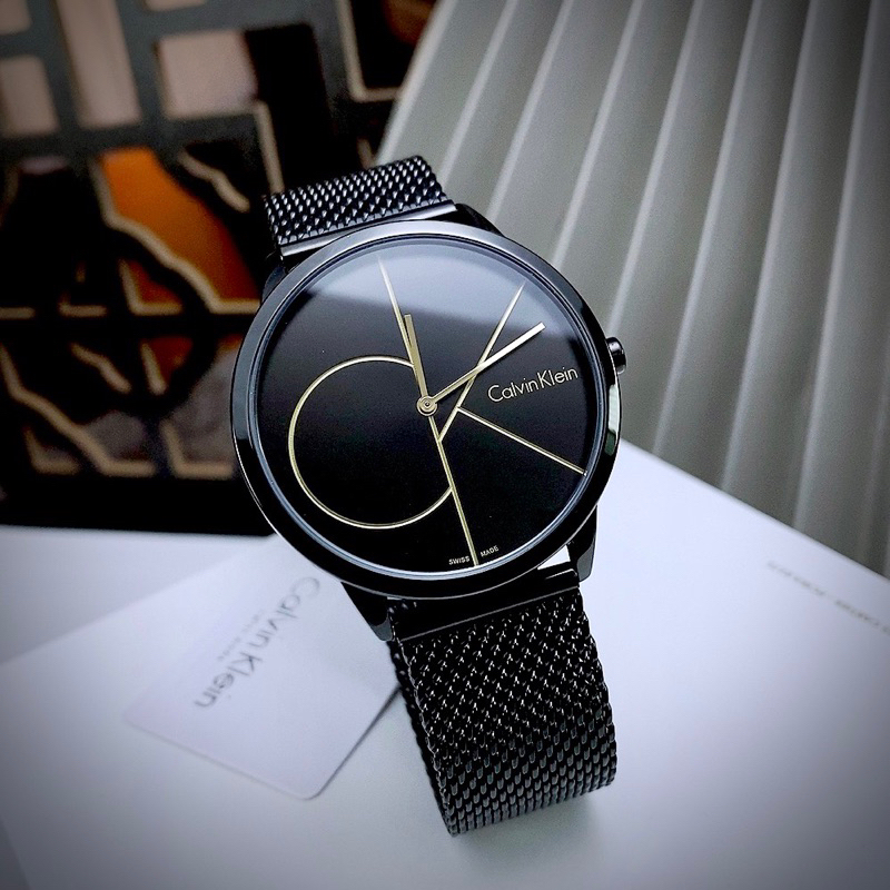 Đồng hồ cặp nam nữ CALVIN KLEIN MINIMAL K3M21123 , K3M22123 mặt đen tròn dây mesh siz 34mm, 41mm