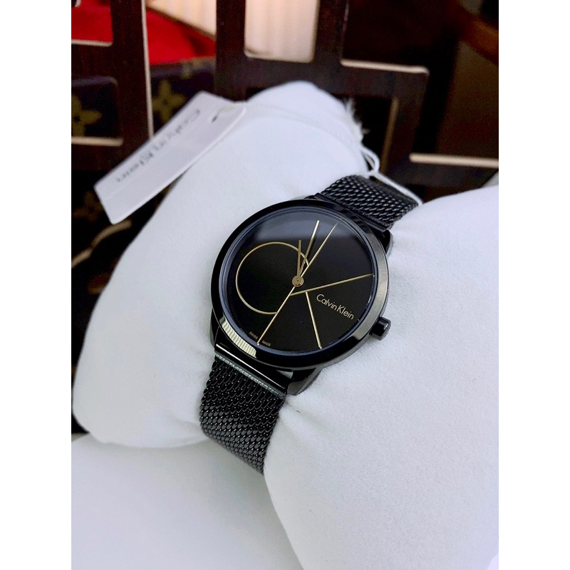 Đồng hồ cặp nam nữ CALVIN KLEIN MINIMAL K3M21123 , K3M22123 mặt đen tròn dây mesh siz 34mm, 41mm
