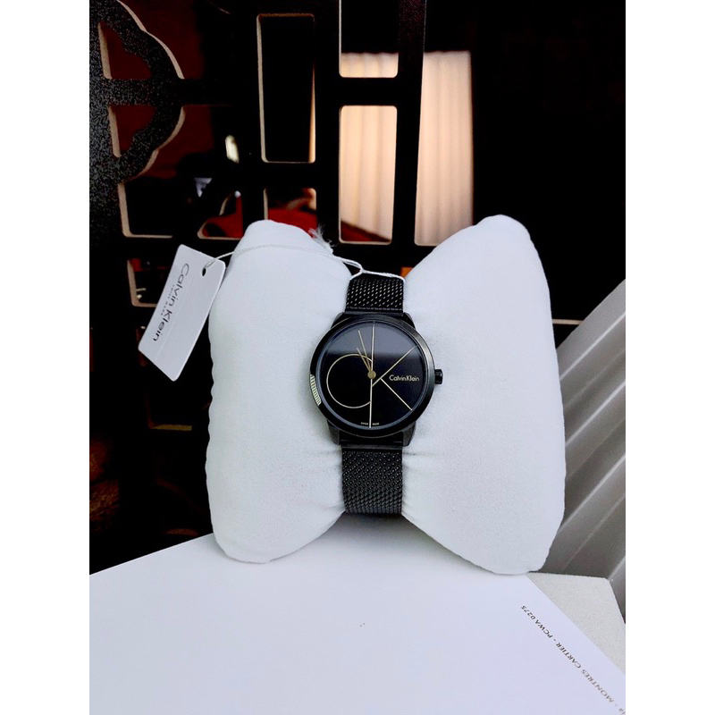 Đồng hồ cặp nam nữ CALVIN KLEIN MINIMAL K3M21123 , K3M22123 mặt đen tròn dây mesh siz 34mm, 41mm