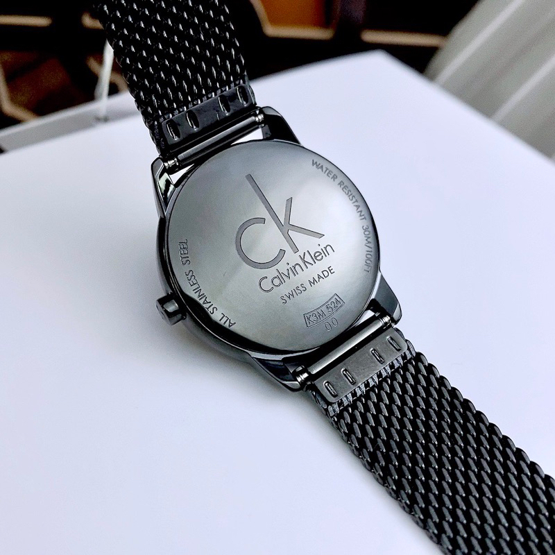 Đồng hồ cặp nam nữ CALVIN KLEIN MINIMAL K3M21123 , K3M22123 mặt đen tròn dây mesh siz 34mm, 41mm