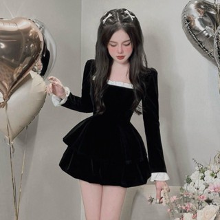 BIGSIZE HIẾU HIẾU (55-95KG) - Set nhung đen thu đông áo cổ vuông tay dài kèm chân váy cúp bí