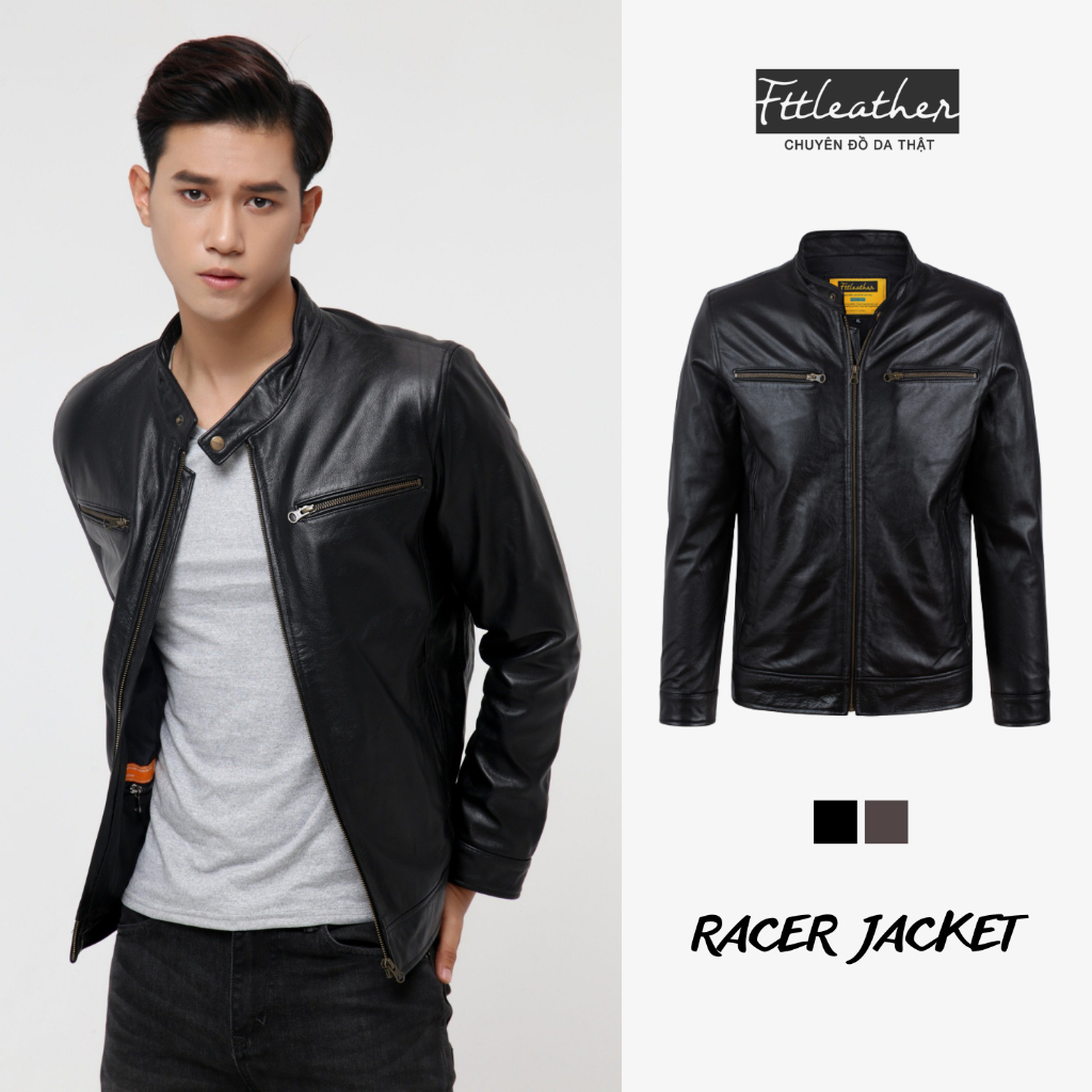 Áo khoác da nam FTT Leather Racer Jacket da bò hai khóa ngực - Mã AD208B