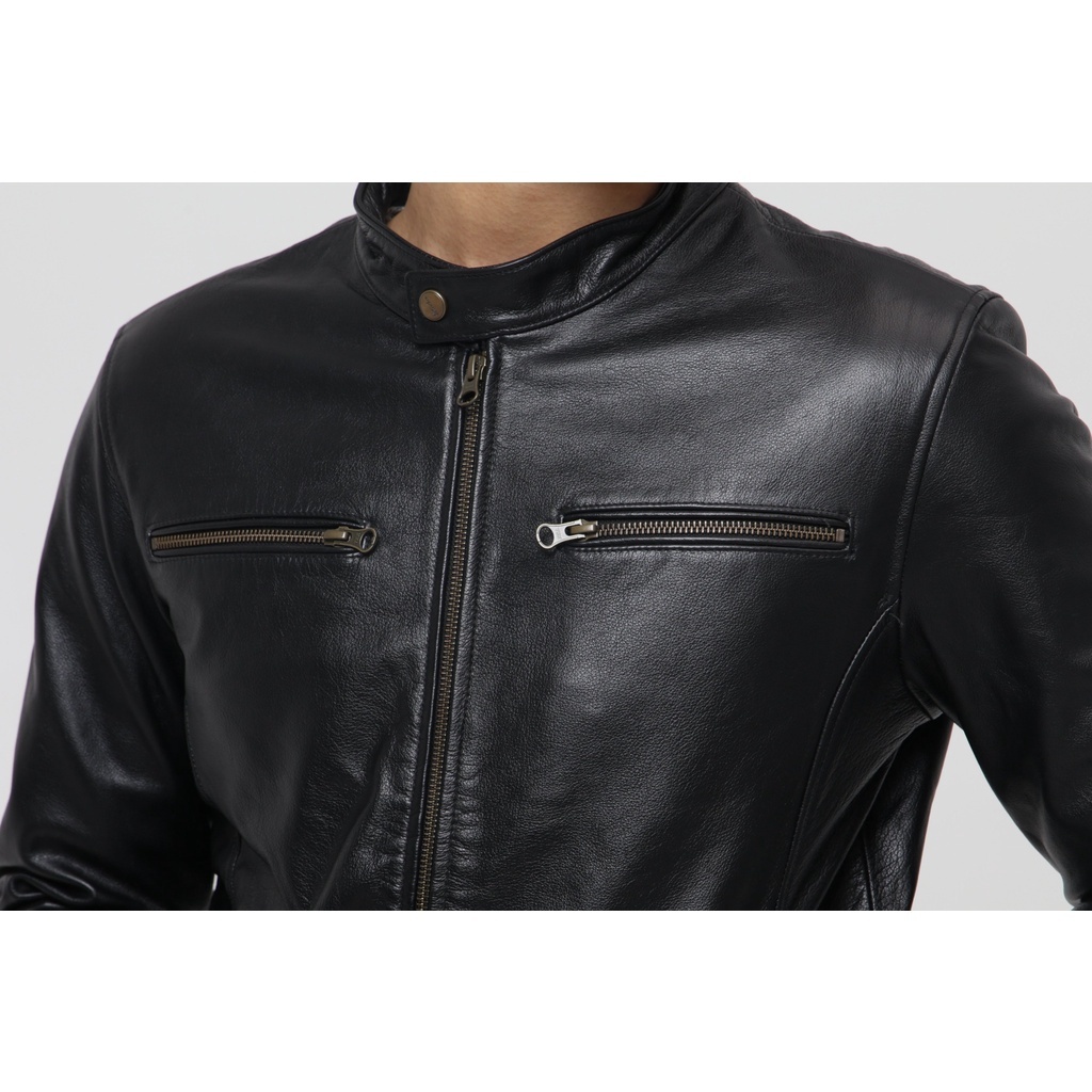 Áo khoác da nam FTT Leather Racer Jacket da bò hai khóa ngực - Mã AD208B