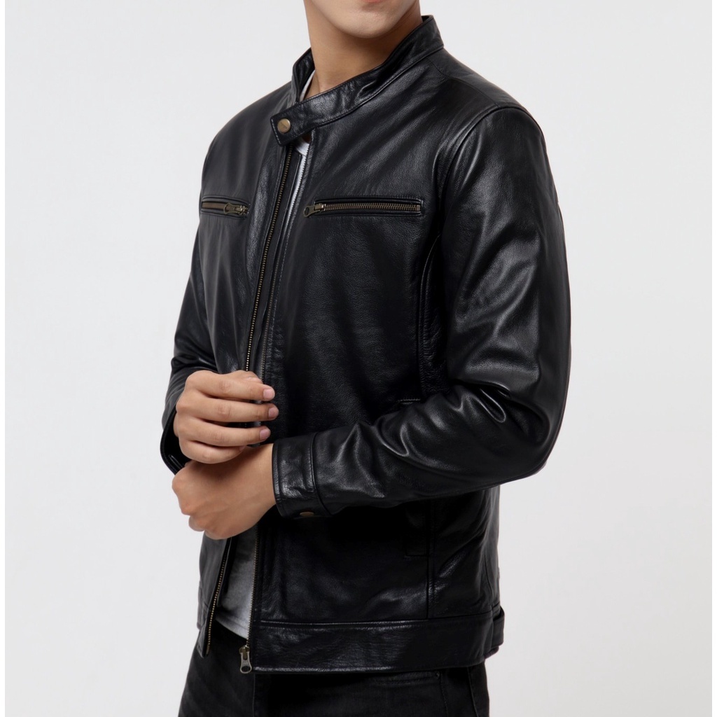 Áo khoác da nam FTT Leather Racer Jacket da bò hai khóa ngực - Mã AD208B