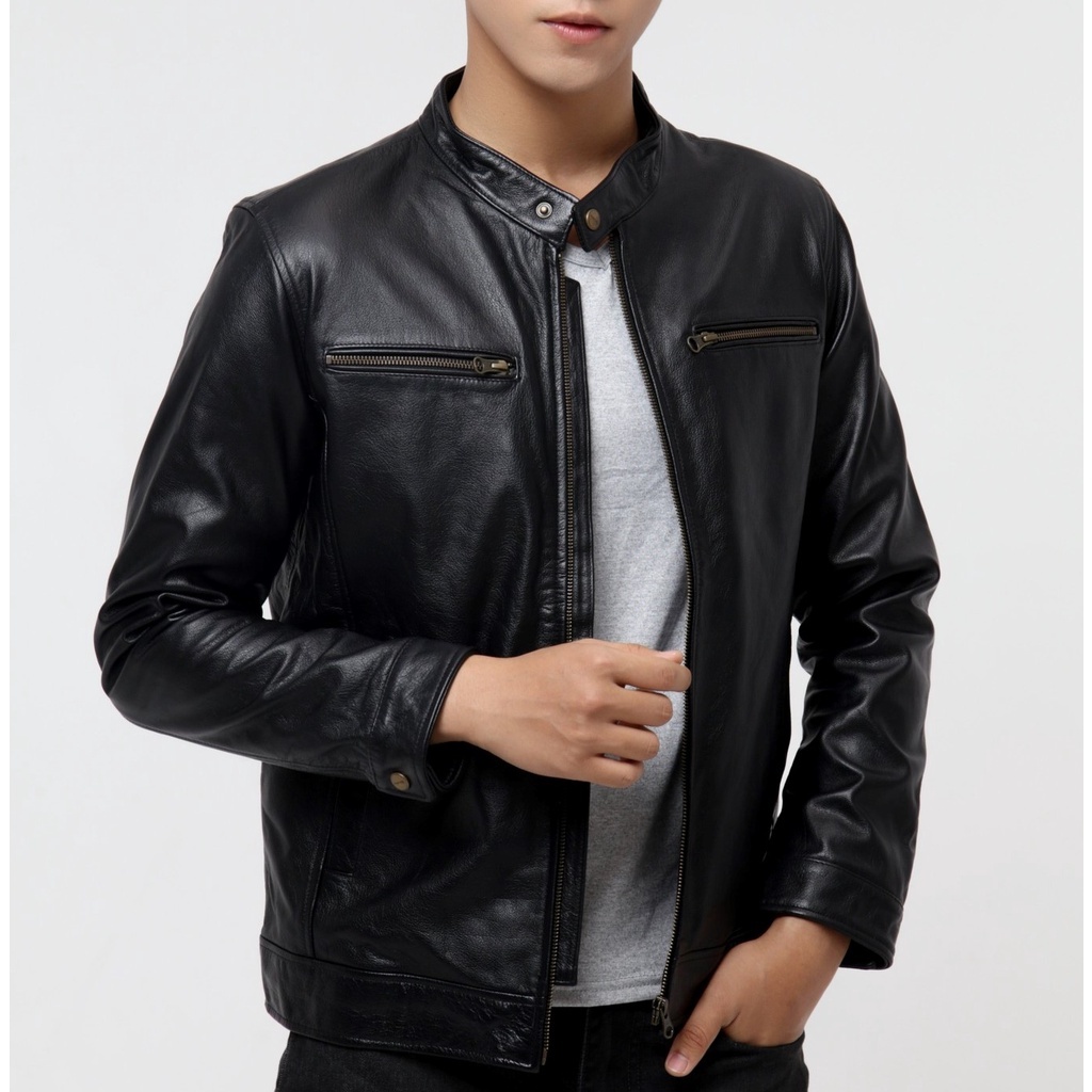 Áo khoác da nam FTT Leather Racer Jacket da bò hai khóa ngực - Mã AD208B