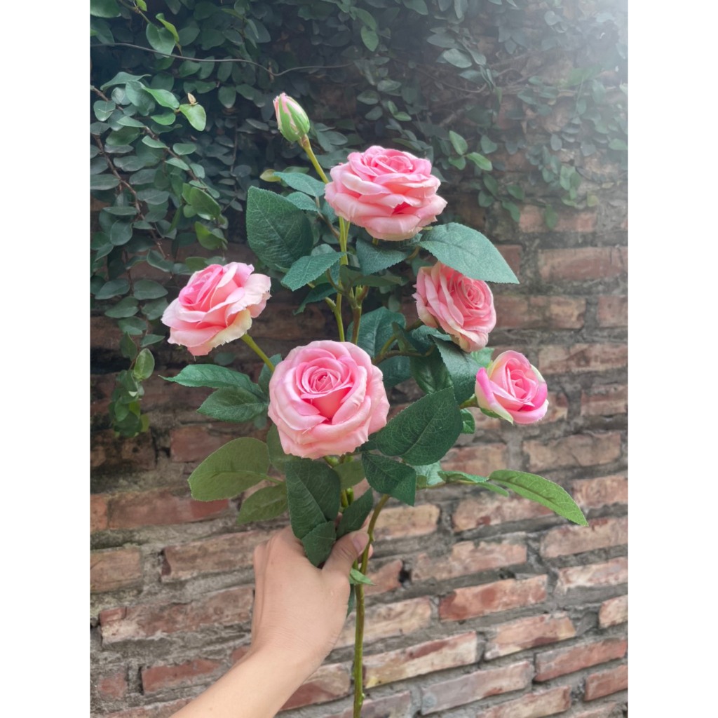 Hoa giả-Hoa hồng lụa cành 7 bông cao cấp 80cm ,trang trí decor nhà cửa