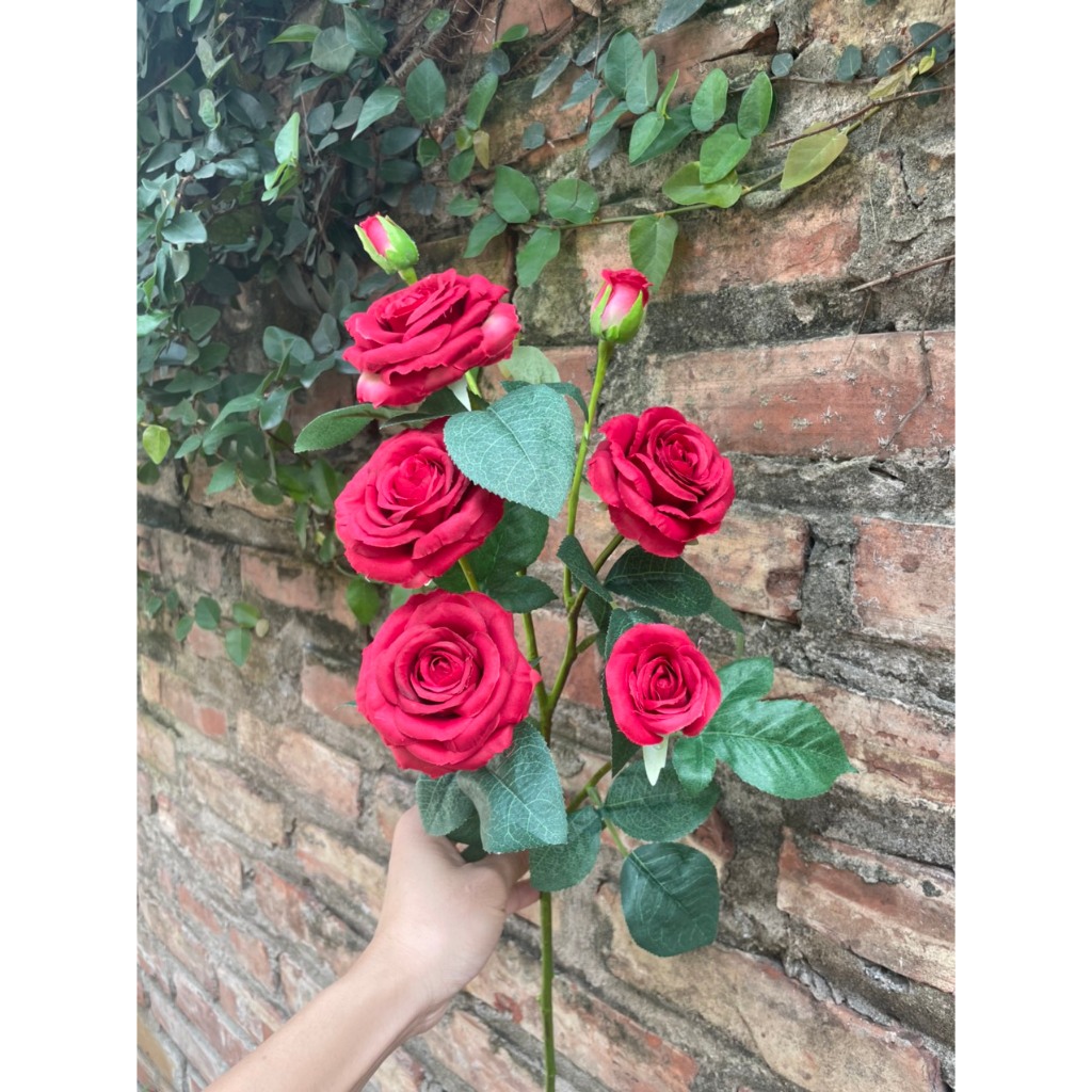 Hoa giả-Hoa hồng lụa cành 7 bông cao cấp 80cm ,trang trí decor nhà cửa