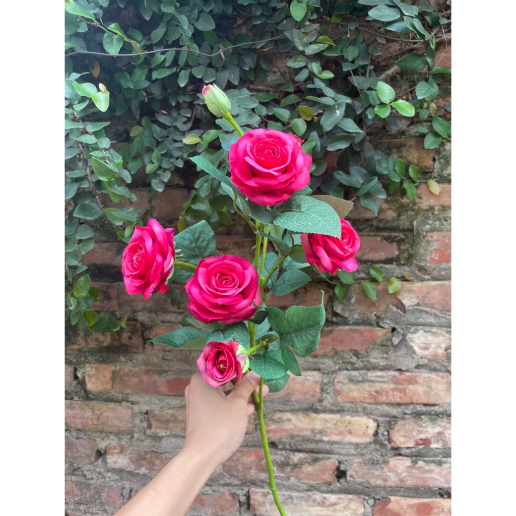 Hoa giả-Hoa hồng lụa cành 7 bông cao cấp 80cm ,trang trí decor nhà cửa