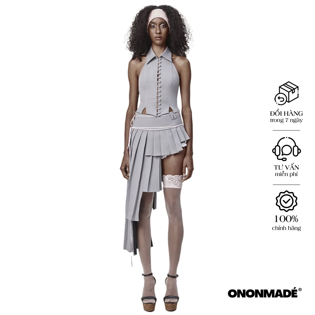 ONONMADE Set Hai Món Áo Gile Cổ Sơ Mi Hở Lưng Kèm Chân Váy Nhiều Tầng Lana Set