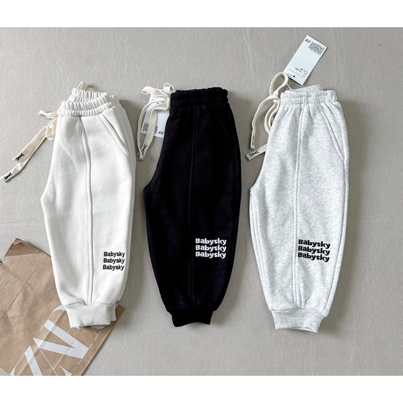 Set 3 quần nỉ bông thêu chữ BabySky cho bé trai bé gái dáng thụng siêu đẹp size từ 12-24 cân