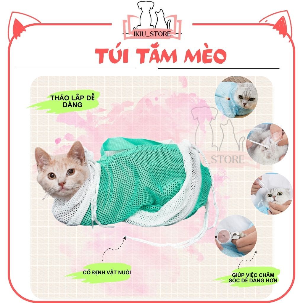 Túi lưới tắm cho mèo IKIU cắt móng,chống trầy xước,túi cố định vải lưới dạng sợi polyester size chung