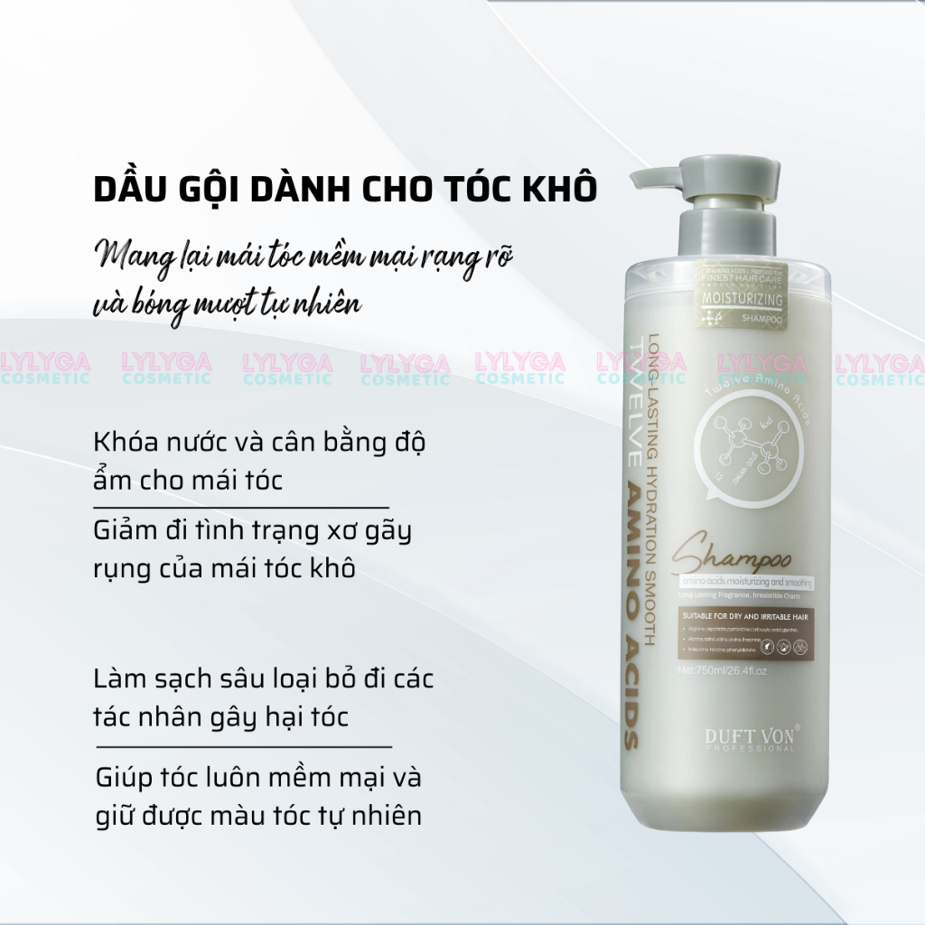 Dầu gội dầu xả phục hồi tóc hư tổn Duft Von 750ml 12 Amino Acid kiểm soát dầu giảm gàu dưỡng ẩm chăm sóc tóc toàn diện