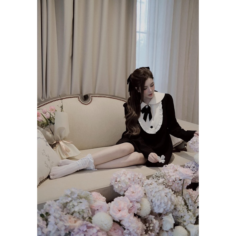 Đầm Nhung Chéo Pha Bèo Kèm Nơ Dáng Suông LYKKES D017N