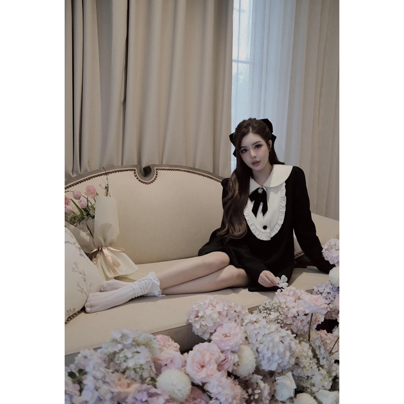 Đầm Nhung Chéo Pha Bèo Kèm Nơ Dáng Suông LYKKES D017N