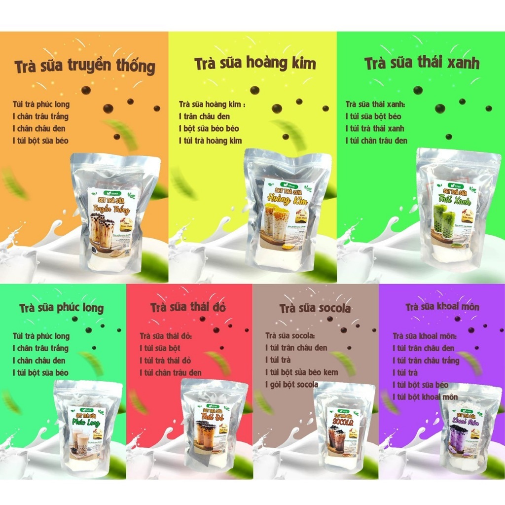 Set Trà Sữa Tự Pha AMMU   có 7 vị  Phúc Long, Thái Xanh, Thái Đỏ, Khoai Môn, Sô Cô la