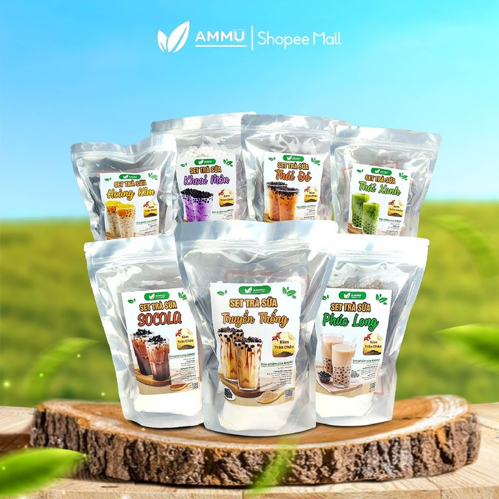 Set Trà Sữa Tự Pha AMMU   có 7 vị  Phúc Long, Thái Xanh, Thái Đỏ, Khoai Môn, Sô Cô la