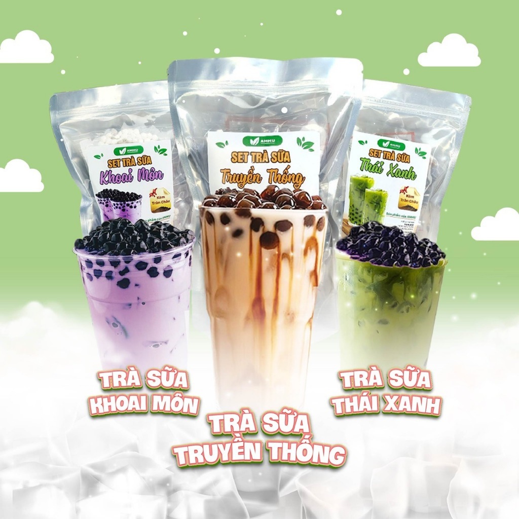 Set Trà Sữa Tự Pha AMMU   có 7 vị  Phúc Long, Thái Xanh, Thái Đỏ, Khoai Môn, Sô Cô la