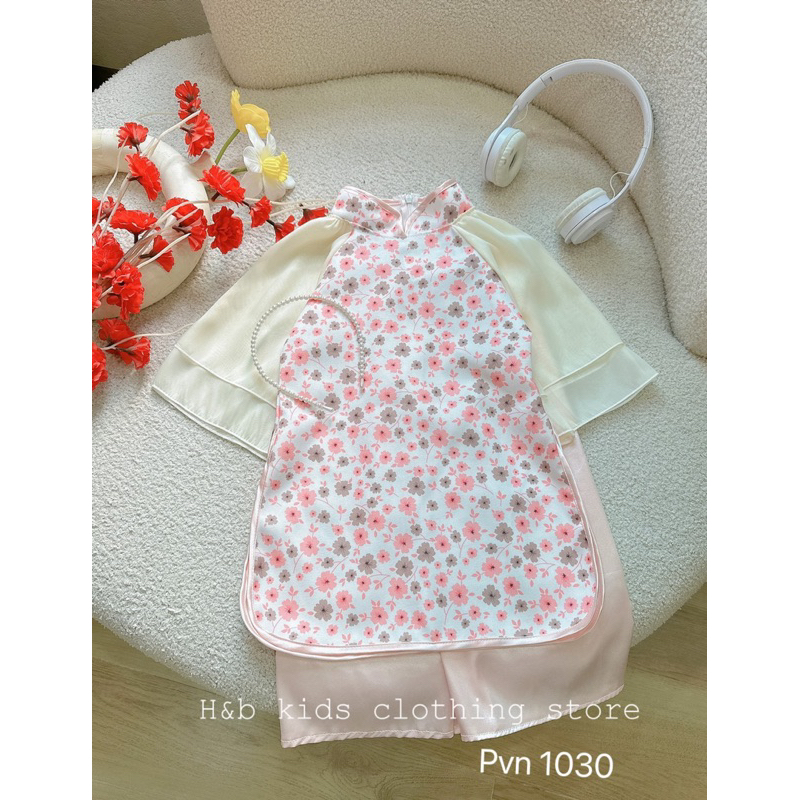 Áo dài hoa nhí tay 2 lớp bé gái