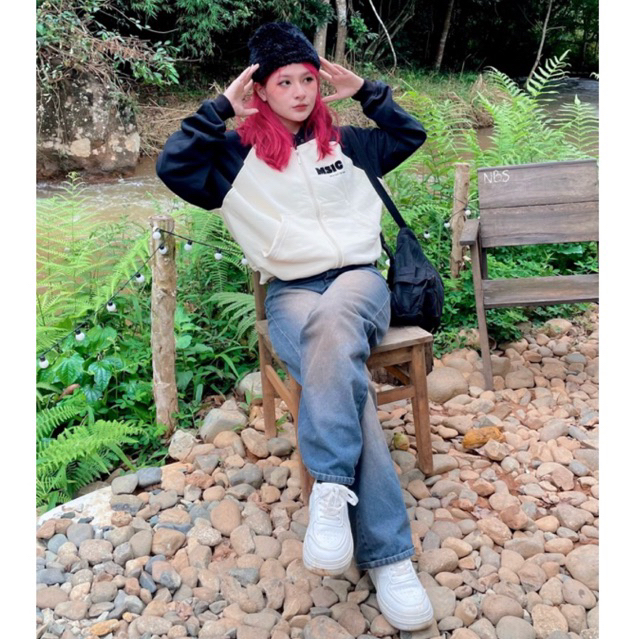 Áo khoác Hoodie zip-MOM SAYS I'M COOL- tay phối màu form boxy