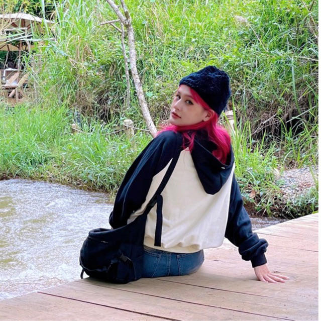 Áo khoác Hoodie zip-MOM SAYS I'M COOL- tay phối màu form boxy