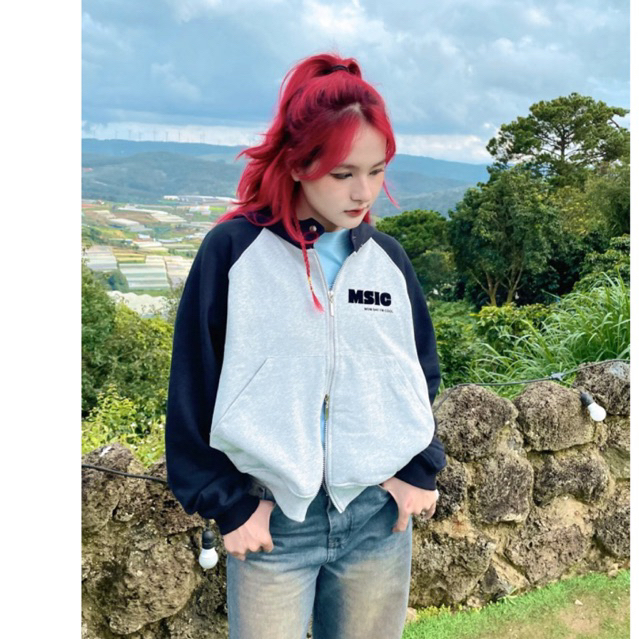 Áo khoác Hoodie zip-MOM SAYS I'M COOL- tay phối màu form boxy
