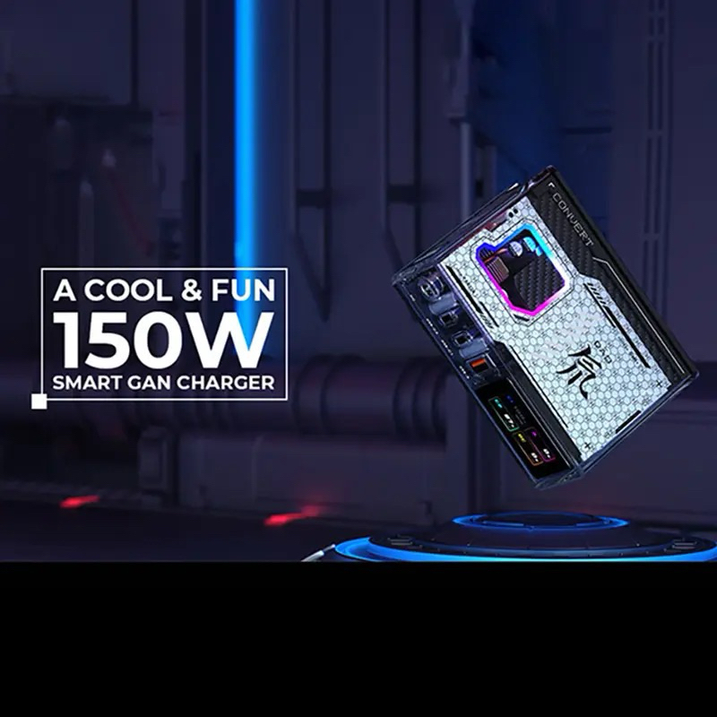 Bộ sạc nhanh Nubia RedMagic DAO 150W GaN, hỗ trợ PD3.1, RGB, tuỳ chỉnh qua app, kết nối Bluetooth, DC, 2 cổng Type C