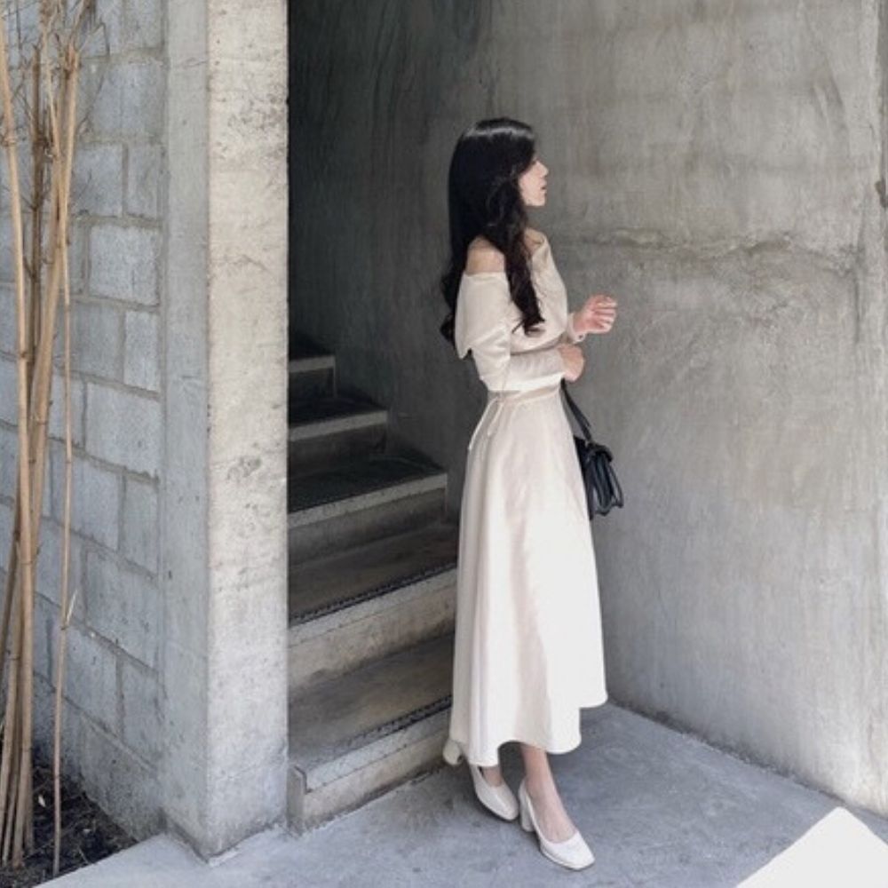 Váy Đầm Nữ Dáng Dài Trễ Vai Nhúng Hông Chống Nhăn Tôn Dáng Ana' DRESS