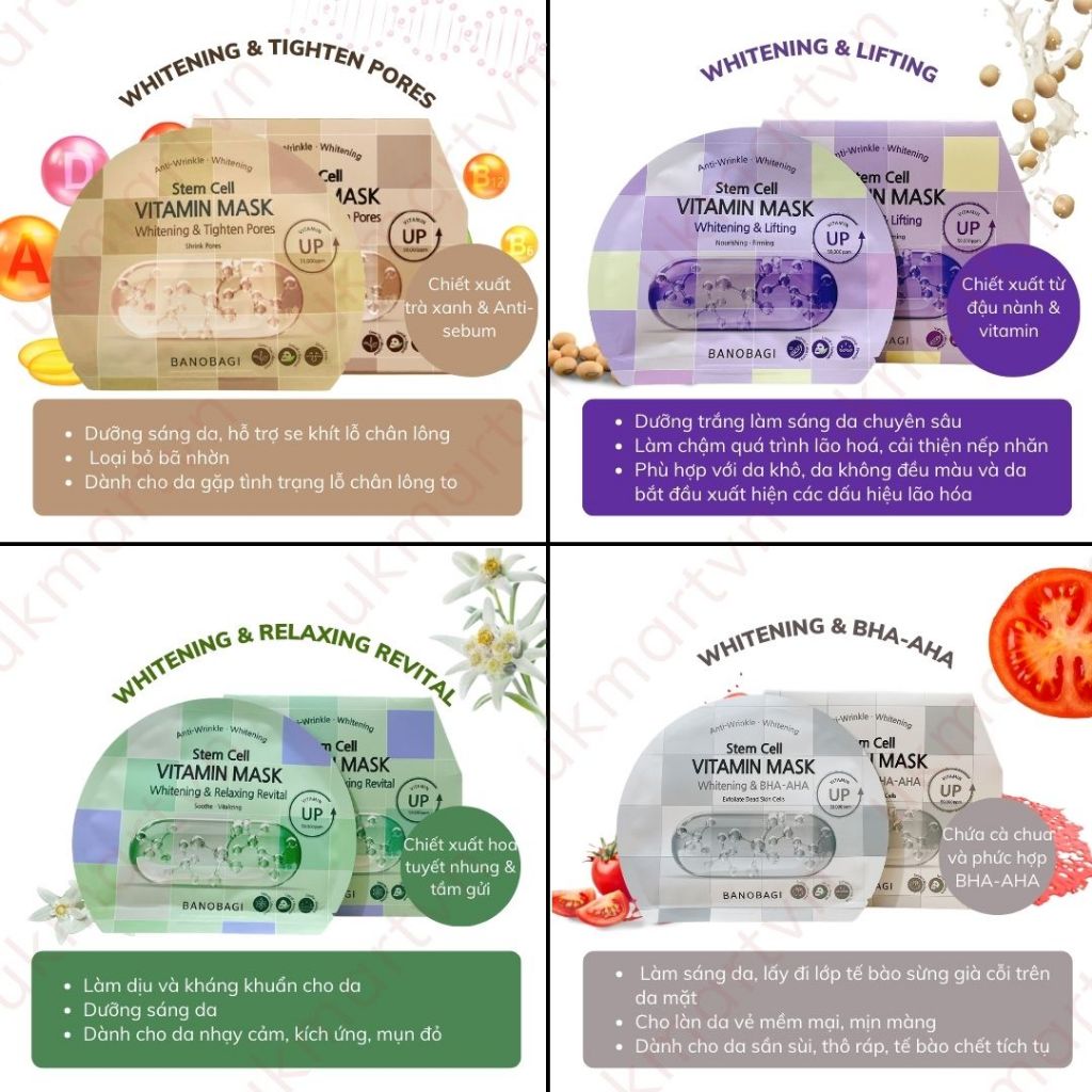 Combo 10 Miếng Mặt Nạ Giấy Banobagi Mask Stem Cell Vitamin 30g