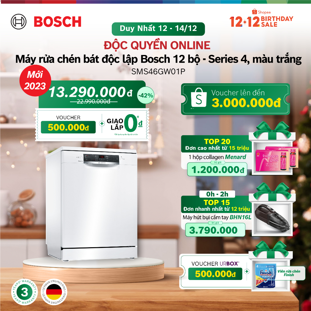  Máy rửa chén độc lập Bosch SMS46GW01P - Series 4 60cm  - Hàng chính hãng