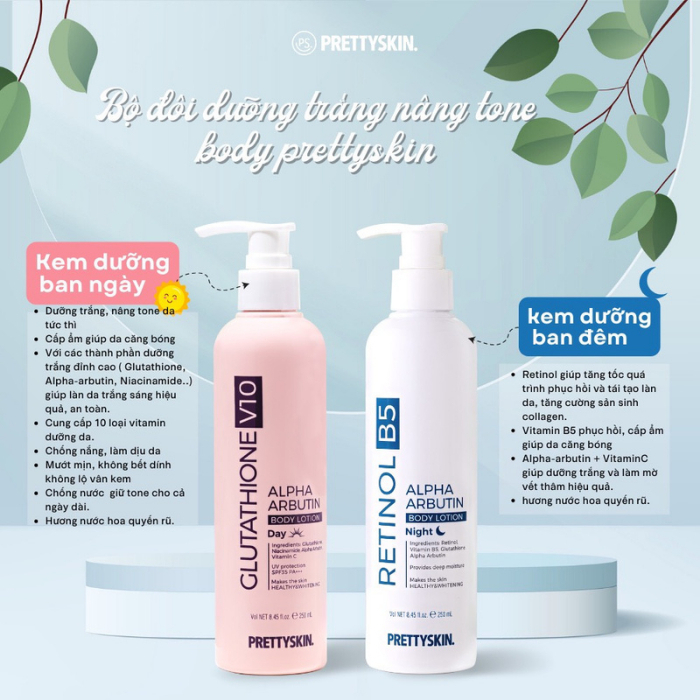 Bộ Đôi Kem Dưỡng Body Ngày/Đêm PRETTYSKIN, GLUTATHIONE V10 & RETINOL B5 - 250ml/Chai