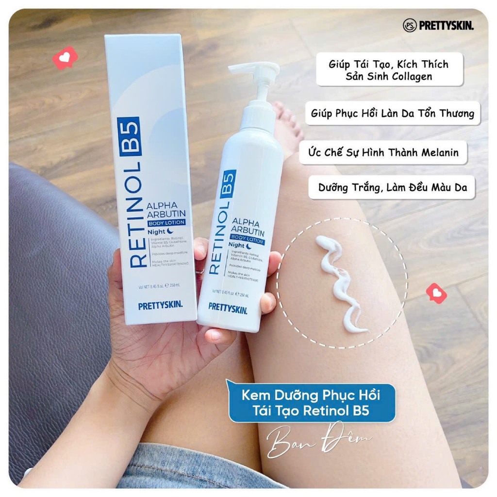 Bộ Đôi Kem Dưỡng Body Ngày/Đêm PRETTYSKIN, GLUTATHIONE V10 & RETINOL B5 - 250ml/Chai