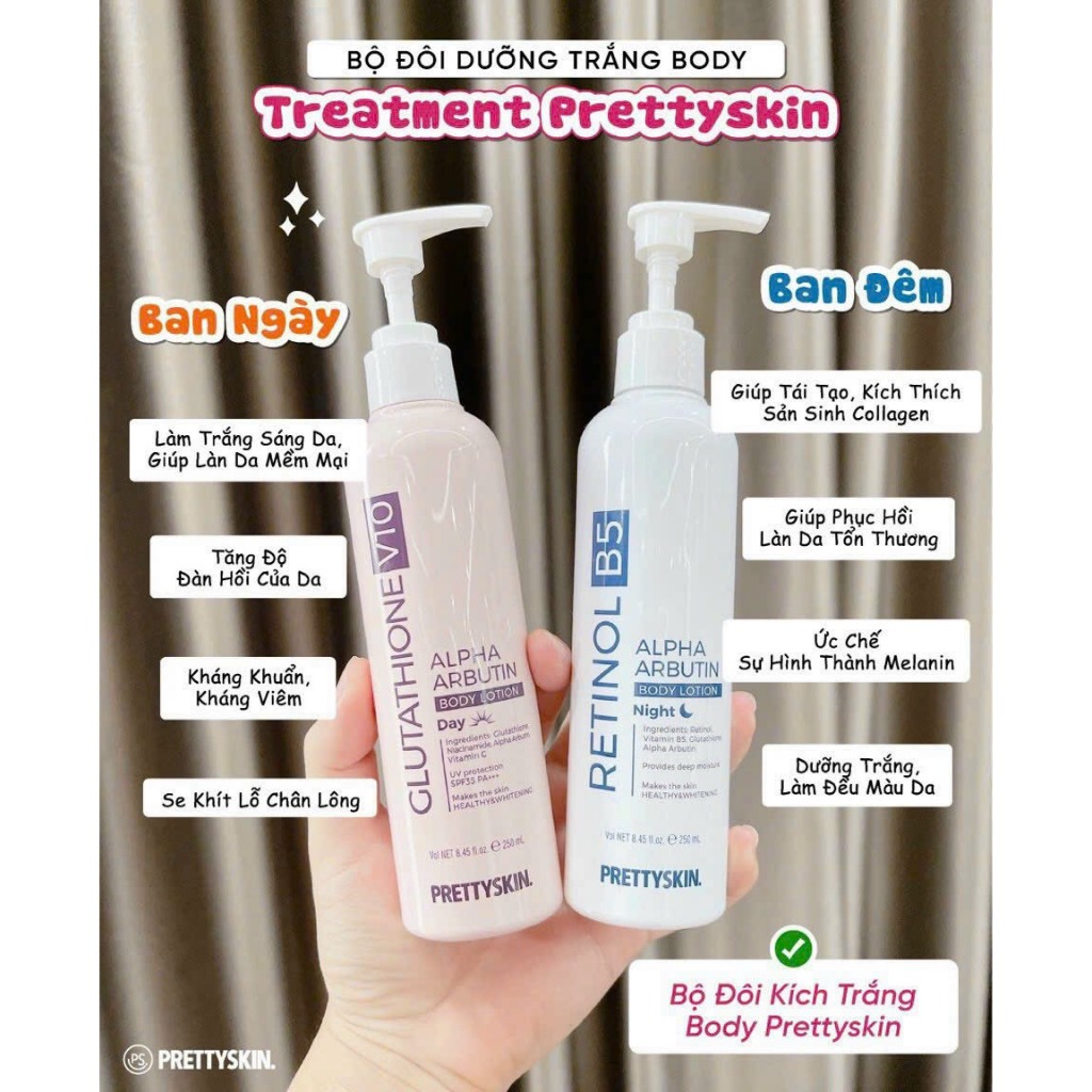 Bộ Đôi Kem Dưỡng Body Ngày/Đêm PRETTYSKIN, GLUTATHIONE V10 & RETINOL B5 - 250ml/Chai