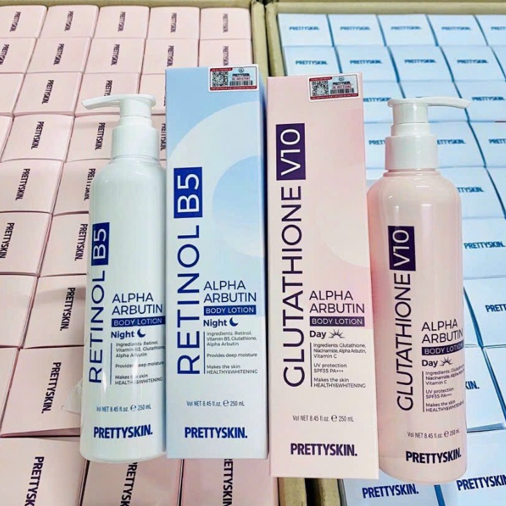 Bộ Đôi Kem Dưỡng Body Ngày/Đêm PRETTYSKIN, GLUTATHIONE V10 & RETINOL B5 - 250ml/Chai