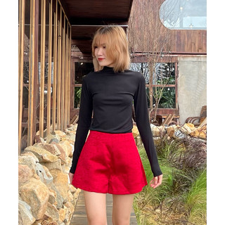 CERA - Quần shorts lưng cao dáng A chất liệu tafta cao cấp màu đỏ sang trọng