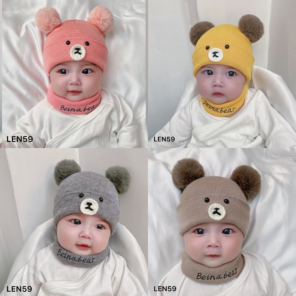 SET KHĂN NÓN LEN GẤU CỤC BÔNG SIÊU KUTE CHO BÉ YÊU