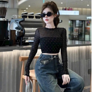 Áo croptop tay dài kiểu hàn phối lưới đính tuyến sang trọng có lót trong áo thun nữ ôm body dài tay Phong Cách cá tính