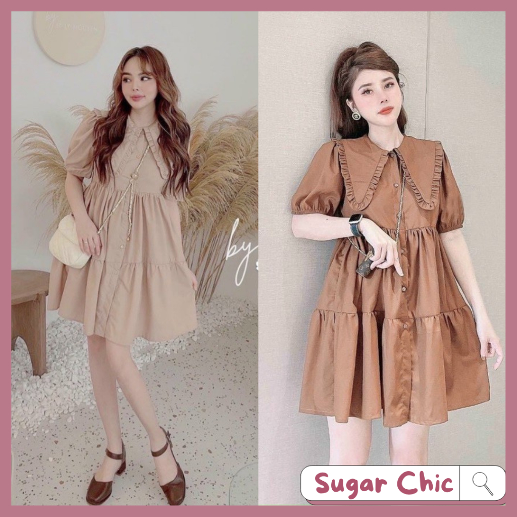 Đầm váy babydoll kem cổ bèo dễ thương, Đầm váy freesize babydoll cổ sen bèo 2 màu mặc đi chơi siêu đáng yêu