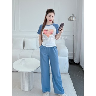 Set đồ bộ mặc nhà thun gân tăm lạnh quần dài ống suông co giãn siêu xinh-TO-DAY