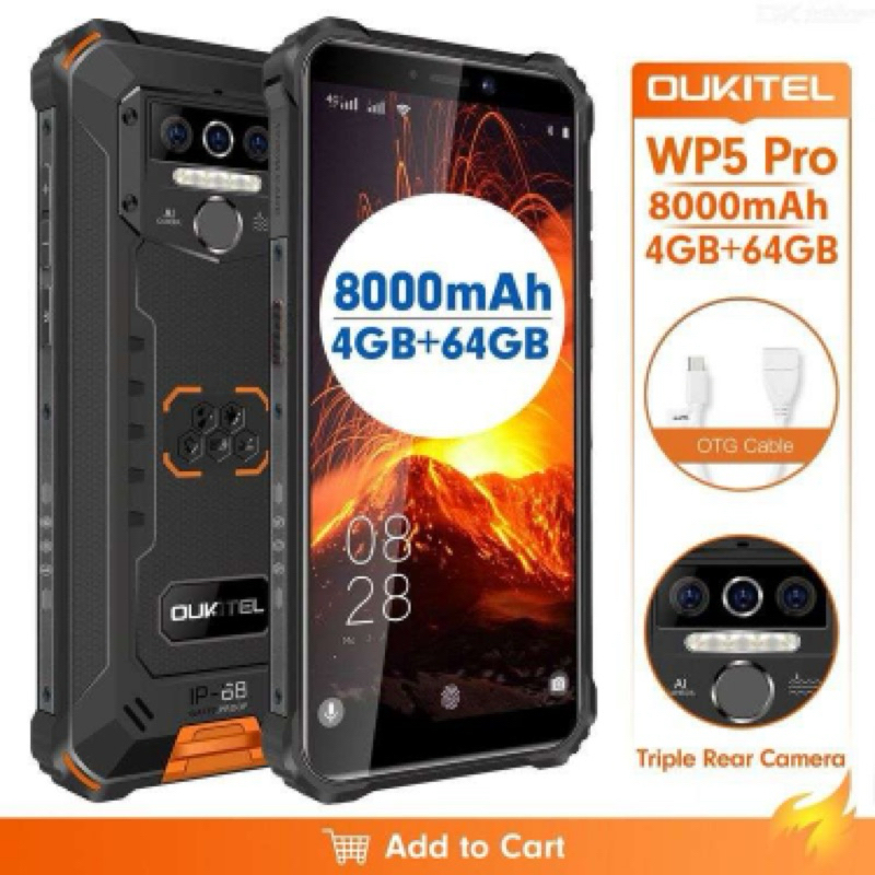 Oukitel WP5 PRO 5,45 inch 4 + 64G 6762D 1,8ghz,4G chống nước 4GB + 64GB Android 10.0 với 4 camera Pin 8000mAh